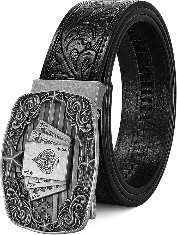 Cowboy Western Ratchet Belt for Men Women with Automatic Western Buckle, Ratchet Cowboy Leather Belt for Jeans Gifts
