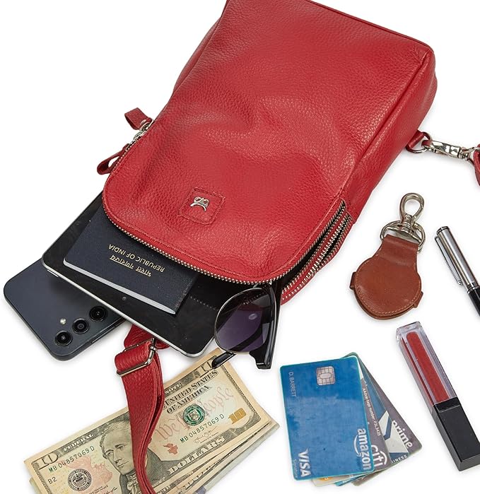 Leather Sling Bag for Women Genuine Crossbody Purse Small Trendy Cross Over Chest with Phone and Credit Card Slots (Red Nappa)