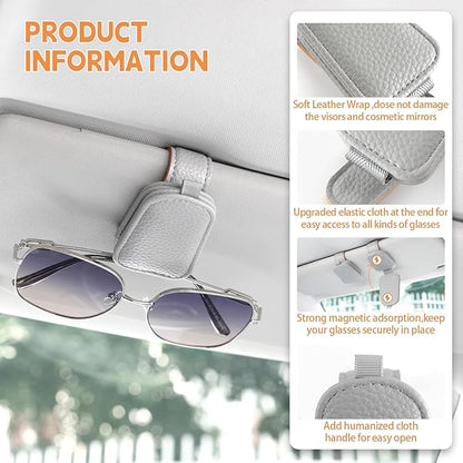 JUSTTOP 2 Pack Sunglasses Holders for Car, Magnetic Leather Buckle Sun Visor Sunglass Clip, Ticket Card Clip Sunglasses Mount, Car Interior Accessories for Men and Women (Gray)