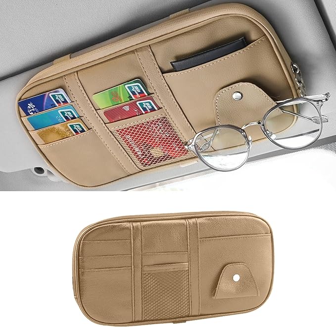 Car Sun Visor Organizer, Multi-Pocket PU Leather Sunglass Holder and Storage Pocket with Net Zipper, Card Sleeve Pocket Organizer, Auto Interior Accessories for Vehicle, Truck, SUV (Beige)