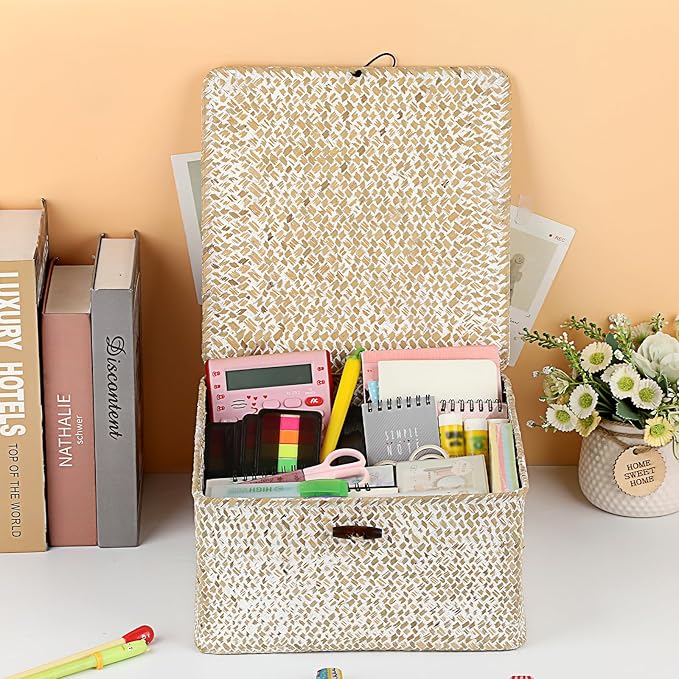 Hipiwe Wicker Shelf Basket Bin Square Handwoven Seagrass Storage Basket with Lid Home Organize Box for Bookshelf Living Room Bath Room Multipurpose Basket Container, Whitewash Large