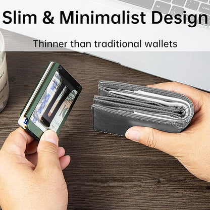 Minimalist Carbon Fiber Wallet for Men, Money Clip Cash Strap Wallet, RFID Blocking Metal Wallet Aluminum Card Holder,Front Pocket Wallet(Matte Green)