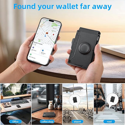umoven Wallet for Men with AirTag(iOS Only), Mens Metal Wallet Minimalist with Money Clip & ID Window, Slim Leather Slots RFID Blocking Bifold Wallet,Smart Pop Up Credit Card Holder Wallet (Black)
