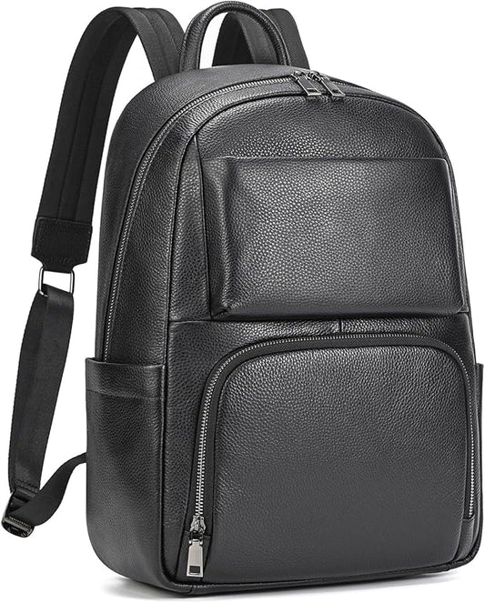 Genuine Leather 15.6 Inch Laptop Backpack for Men, Multi Pocket Casual Daypack Shoulder Bag for Business Travel Outdoor, Black