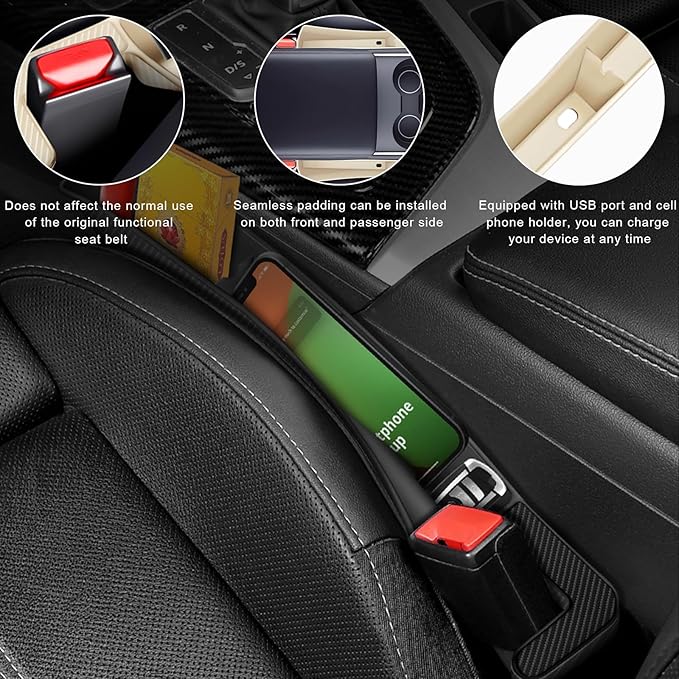 2PCS Car Seat Gap Filler Organizer, Multifunctional Seat Side Gap Filler with Phone Holder, Auto Crevice Blocker Between Seats for Prevent Essential Items from Falling (Beige)