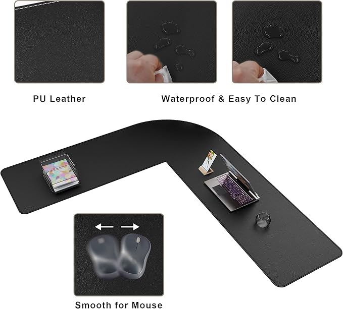 Mydours 61" x 69" x 20" L Shaped Desk Pad (Black), Extra Large Dual-Sided PU Leather Corner Desk Mat Protector for Home Office Computer Gaming