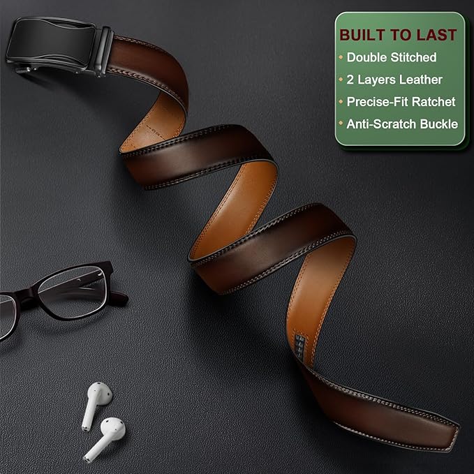 BULLIANT Mens Ratchet Belt,Leather Adjustable Slide Belt For Gift Mens Dress Casual 1 3/8",Size Adjustable