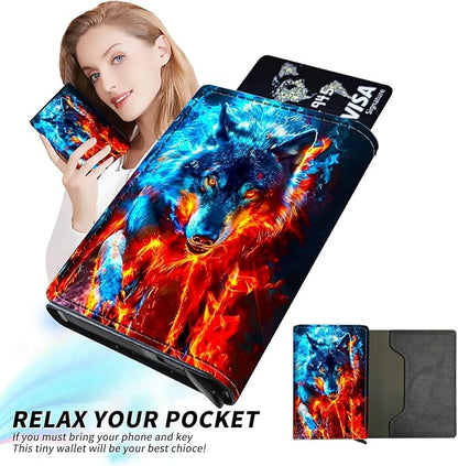 Minimalist Wallet for Men's Card Holders, Pop-Up Card Case Wallets for Women, Leather Automatic Credit Card Holder with Metal Money Clip RFID Blocking Bifold Pocket, Red Blue Flaming Wolf