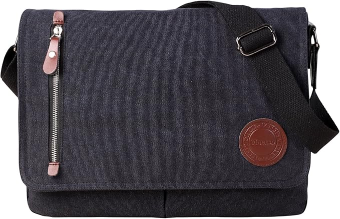 Mactso Vintage Canvas Messenger Bag for Men Women, 13.5 Inch Laptop Satchel Shoulder Bag with Multiple Pockets, Crossbody Bag for Work Travel College (Black)