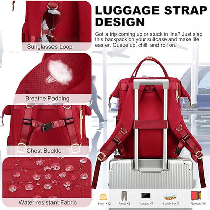 Lunch Backpack, 15.6 inch Laptop Backpack with Insulated Lunch Bag, Backpack Cooler for Women, Large Travel Backpack Lunch Box Compartment, Work Computer Backpack, Teacher College Book Bag, Red