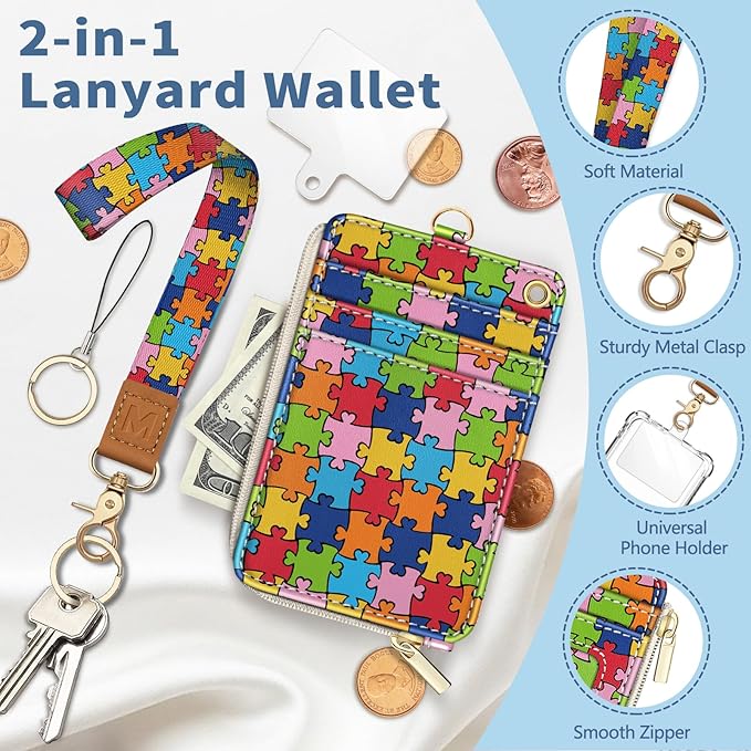 Lanyard Wallet with Id Badge Holder, Autism Awareness RFID Small Keychain Wallet Women Wristlet, Cute Zipper Credit Card Holder Phone Wrist Neck Strap for Key Name Tag, Student Office Gifts