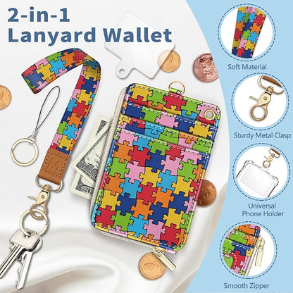 Lanyard Wallet with Id Badge Holder, Autism Awareness RFID Small Keychain Wallet Women Wristlet, Cute Zipper Credit Card Holder Phone Wrist Neck Strap for Key Name Tag, Student Office Gifts