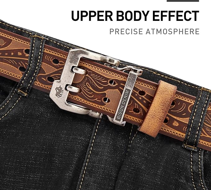 BISON DENIM Men's Belts Leather Dress Genuine Leather Classic Heavy Duty Buckle Belt Casual for Jeans