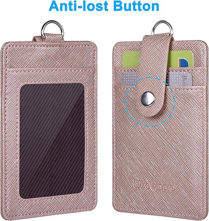 Wisdompro Retractable Badge Holder with Lanyard, Double Sided PU Leather ID Card Holder with Carabiner Badge Reel Clip and 18.8 inch Neck Lanyard - Rose Gold, Vertical