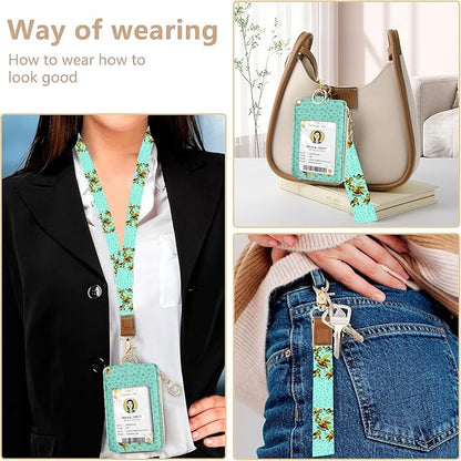 bolimoss Turtle Lanyard Wallet with ID Badge Holder,Cute RFID Leather Wristlet Keychain Lanyard with Zipper Pocket Detachable Neck Lanyard Phone Holder Keyring, Name Tag Holder for Students Teacher