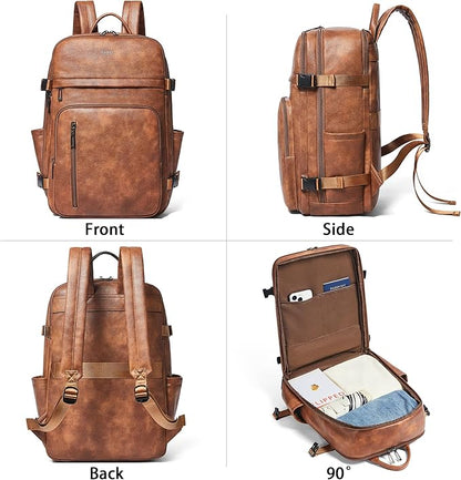 Travel Backpack for Women and Men, Fits 17.0" Laptop, Stylish Lay-Flat Carry-on Vegan Leather Backpack with Luggage Strap for Travel and Daily Use