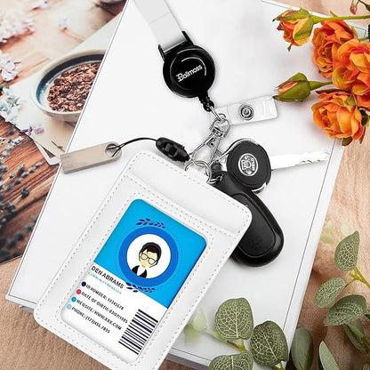 bolimoss PU Leather ID Badge Holder with Adjustable Retractable Lanyards Safety Quick Release Buckle, ID Name Badge Card Holder for Work School IDs, Cruise Ship Cards, Pass Cards