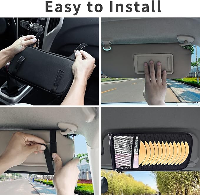 alavisxf xx Car CD Holder, DVD Vehicle Visor Storage Organizer, Large Capacity CD Visor Case with 12 Sleeves, 1 Mesh Pocket, 1 Pen Holder, 1 Back Inner Pocket (Black)