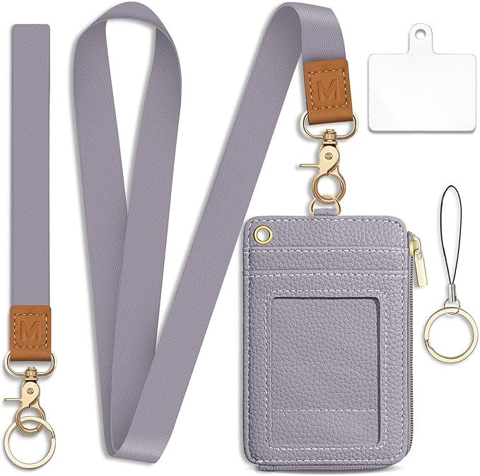 Lanyard Wallet with Id Badge Holder, RFID Small Keychain Wallet Women Wristlet, Minimalist Zipper Credit Card Holder Phone Wrist Neck Strap for Key Name Tag, Teacher Student Office Gift