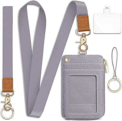 Lanyard Wallet with Id Badge Holder, RFID Small Keychain Wallet Women Wristlet, Minimalist Zipper Credit Card Holder Phone Wrist Neck Strap for Key Name Tag, Teacher Student Office Gift
