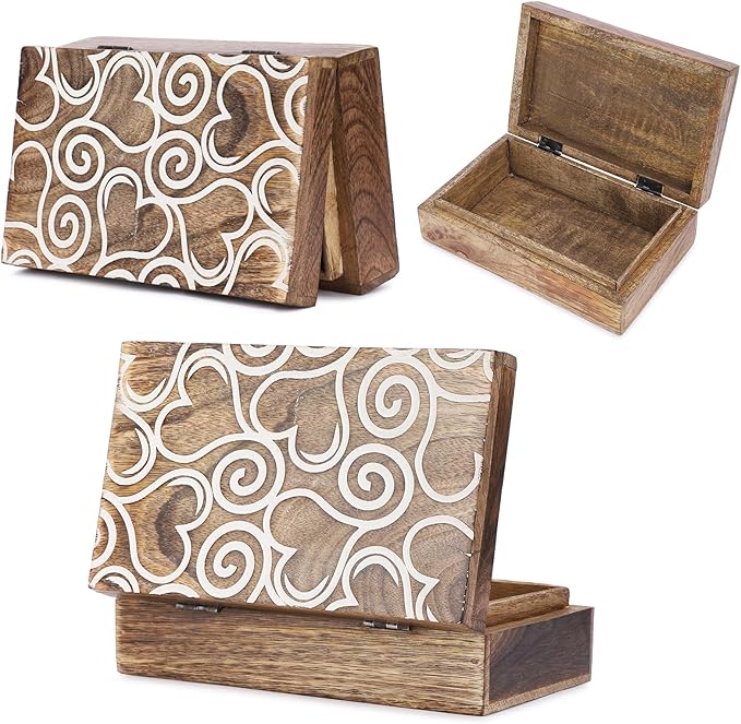 Ajuny Wooden Handmade Decorative Jewelry Storage Box White and Brown Heart Design Multipurpose Treasure Chest Keepsake Organizer Necklaces Watch Boxes Great for Gifts 8x5 Inch