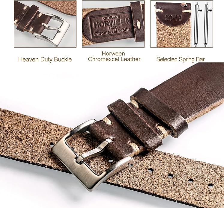 hemsut h Leather Watch Bands for Men, Horween Quick Release Leather Watch Strap Vintage Watch Replacement Wrap of 18mm, 20mm, 22mm