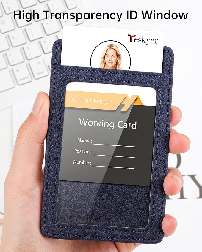 Teskyer Badge Holder with Lanyard, Leather ID Name Badge Card Holder with Lanyard for ID Badges, Vertical, Starry Blue