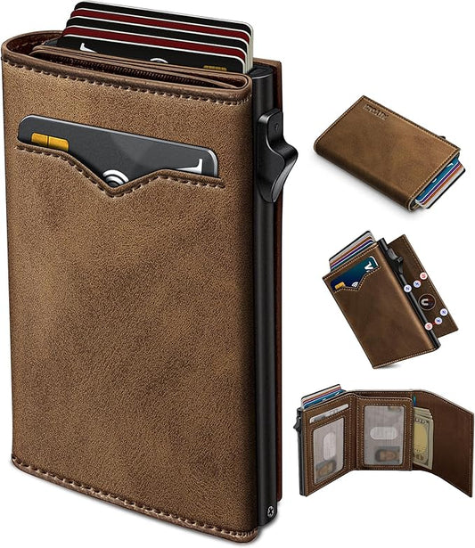 miyozi Wallet for Men,with Cash Pocket 2 ID Window 9-13 Cards,Metal Case Smart Slim Pop Up Credit Card Holder Flip with Magnetic Closure RFID Blocking Trifold wallet with Gift Box
