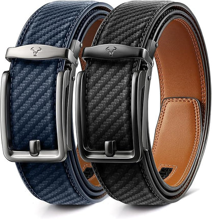 BULLIANT Men Ratchet Belt 2 Pack, Click Sliding Leather Belt Adjustable for Gift Men Dress Casual Jeans 1 3/8,Cut for Fit