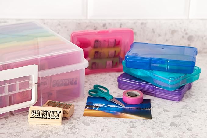 IRIS USA 4" x 6" |Made in USA| Photo Organizers and Picture Storage Box with Handle, 16 Inner Cases/Containers for Tasks, Stickers, Ephemera, & Flashcards - Clear/Multi-Color