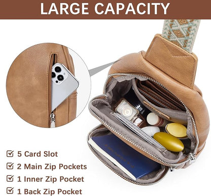 BOSTANTEN Sling Bag for Women Leather Crossbody Bag Vintage Cross Body Purse for Travel with Guitar Strap, Bohemian Style