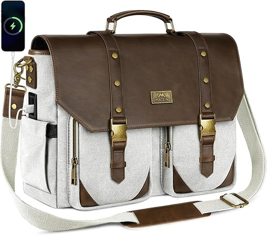 MATEIN Canvas Messenger Bag for Women, 15.6 Inch Vintage Briefcase with USB & RFID Blocking, Water Resistant Work Laptop Bag for Commuting, Office & Business Travel, Brown & Light Grey