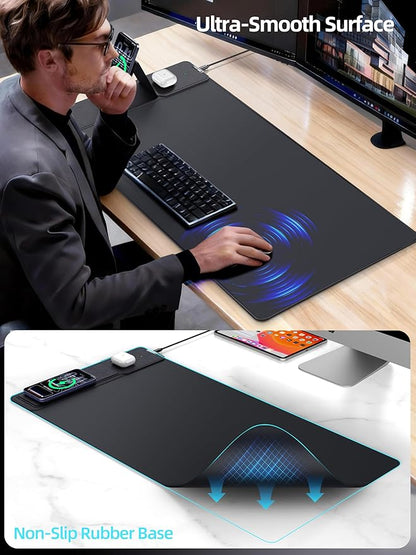 Mouse Pad with Magnetic Wireless Charging & Adjustable Phone Stand, 31.5"x15.8" Extended Desk Mat, Waterproof Ultra-Smooth Keyboard Pad, Non-Slip Base, with 20W PD Adapter, Black