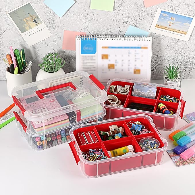 JUXYES 4-Tiers Stack Carry Storage Box With 2 Divided Tray, Transparent Stackable Storage Bin With Handle Lid Latching Storage Container for School & Office Supplies, Red