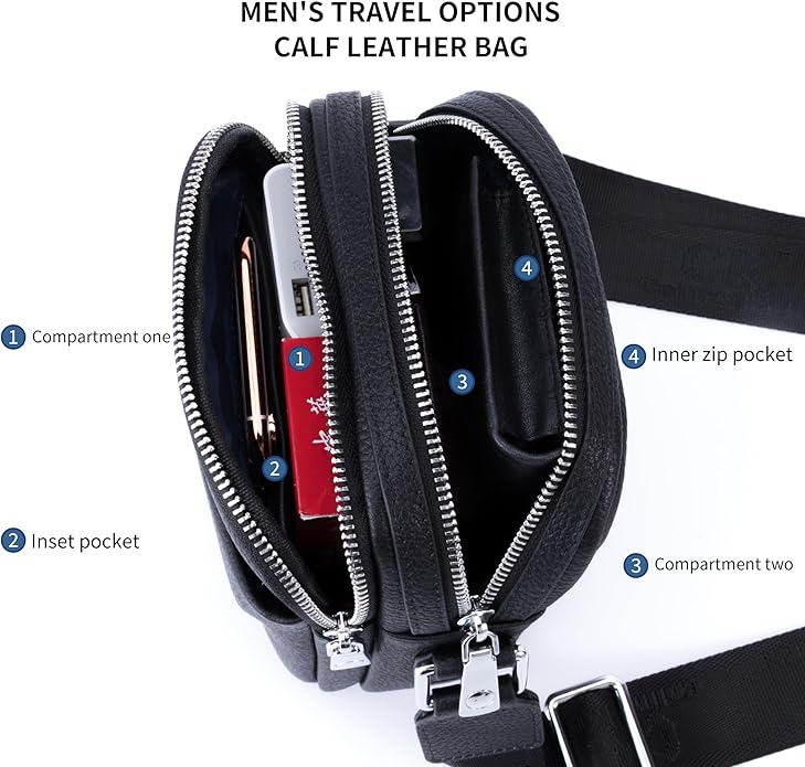 Colins Keirs Leather Crossbody Bag for Men, Shoulder Bag for Men, Man Purse with Zipper and Adjustable Shoulder Strap, Black Small