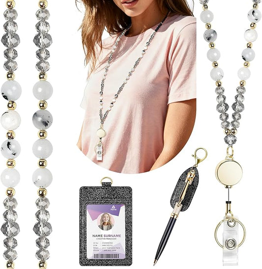 Azrra Lanyards for ID Badges and Keys, Natural Stone Beaded Teacher Lanyard with Bling ID Badge Holder and Pen Holder, Cute Retractable Badge Lanyard for Women (Black)