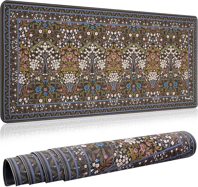 MOSISO Large Mouse Pad Gaming Mousepad, 35.43 x 15.74 inches Vintage Floral Cluster PU Leather Mousepad with Anti-Slip Base&Stitched Edges, Keyboard Pad Mouse Mat for Desktop/Office/Home, Black