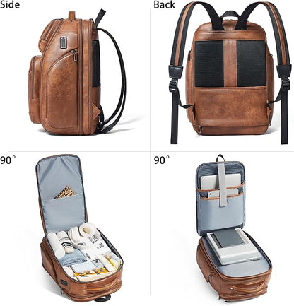 Vegan Leather Backpack, 40L Expandable, TSA Travel Backpack for Men and Women, Fits 17.0 Inch Notebook with Luggage Strap and USB Port, Brown