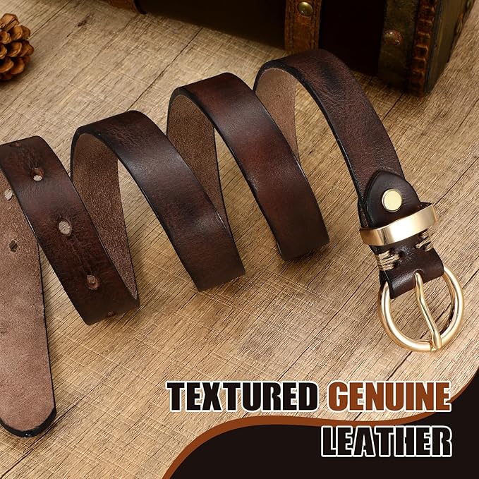 SANSTHS Womens Genuine Leather Belts for Jeans Pants Trendy Vintage Thin Leather Belt Gold Buckle Ladies Skinny Waist Belt