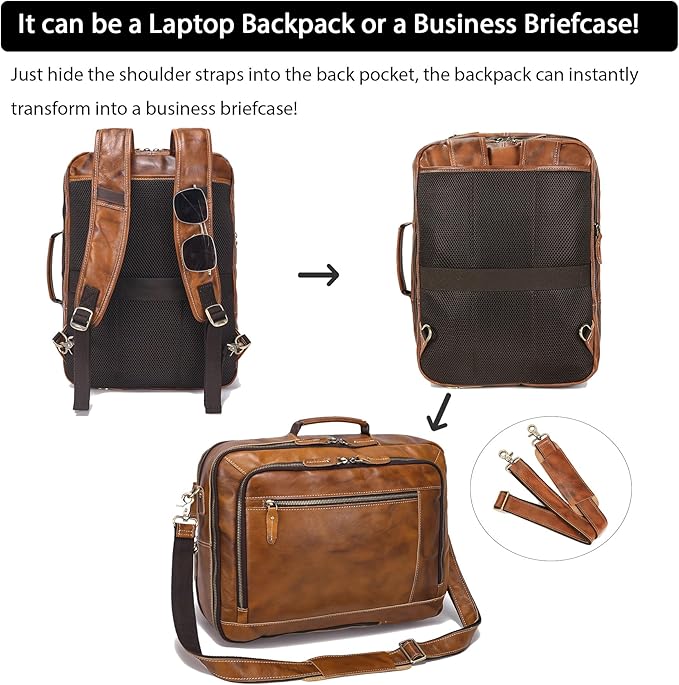 LANNSYNE Vintage Genuine Leather Backpack For Men, 2 in 1 Expandable Briefcase Fits 17'' Laptop Crossbody shoulder Bag Business/Travel Rucksack