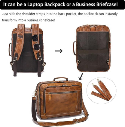LANNSYNE Vintage Genuine Leather Backpack For Men, 2 in 1 Expandable Briefcase Fits 17'' Laptop Crossbody shoulder Bag Business/Travel Rucksack