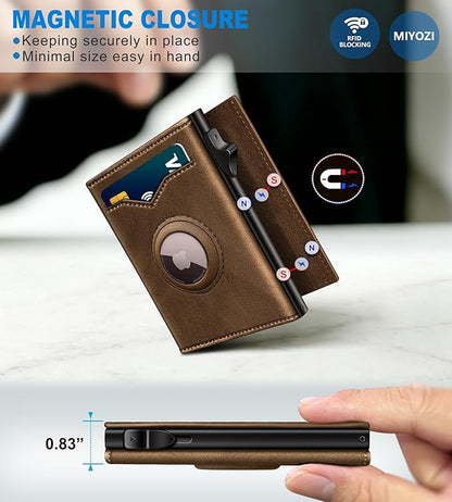 miyozi Airtag Wallet for Men,with Cash Pocket 2 ID Window 9-12 Cards,Metal Case Smart Slim Pop Up Credit Card Holder Flip with Magnetic Closure RFID Blocking Trifold wallet with Gift Box