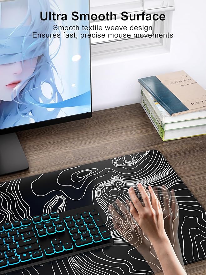 TopMade Mouse Pad with 15W Fast Wireless Charging, 31.5"x15.75" XXL Large Gaming Waterproof Desk Pad, Computer Desk Mat, Black Topographic Map #2 (Includes 20W PD Power Adapter & 6.56ft Woven Cable)
