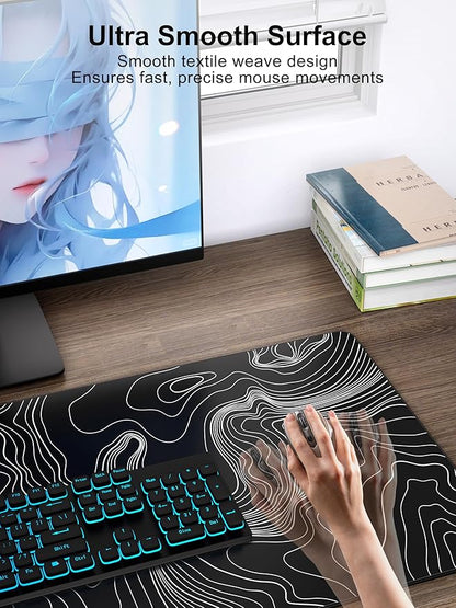 TopMade Mouse Pad with 15W Fast Wireless Charging, 31.5"x15.75" XXL Large Gaming Waterproof Desk Pad, Computer Desk Mat, Black Topographic Map #2 (Includes 20W PD Power Adapter & 6.56ft Woven Cable)