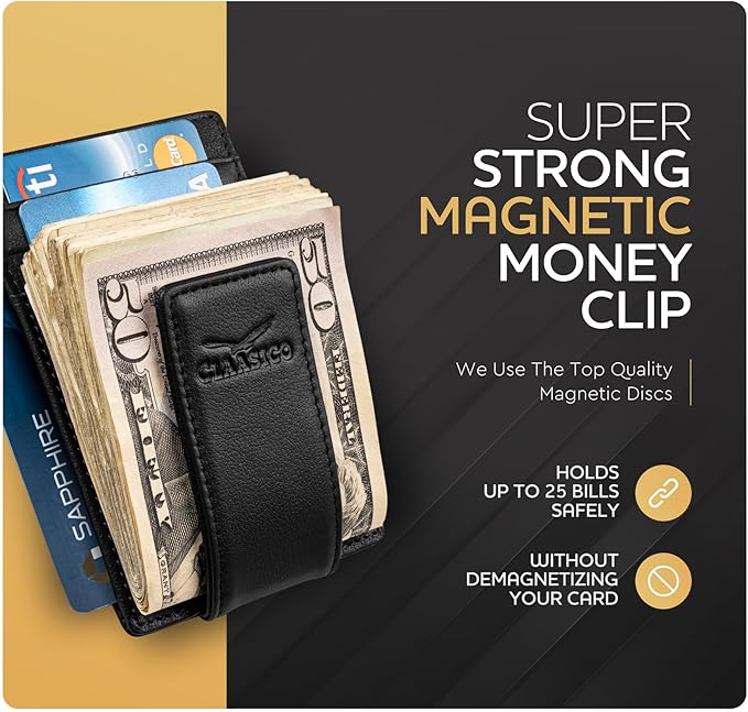 Claasico Men’s Leather Money Clip Wallet – Slim Front Pocket Wallet w/Super Strong Magnetic Clip, RFID Blocking, 5 Card Slots & Center Pocket + ID Window