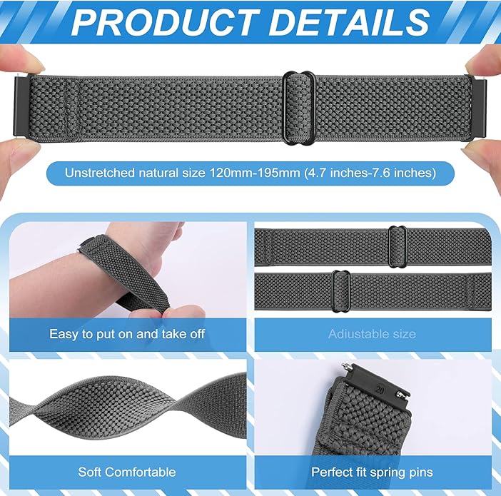 Compatible with 16mm 18mm 19mm 20mm 22mm 24mm Watch Bands Quick Release Replacement Wristband,Adjustable Stretchy Nylon Solo Loop Straps Fabric Braided Sport Elastic Bands for Men Women