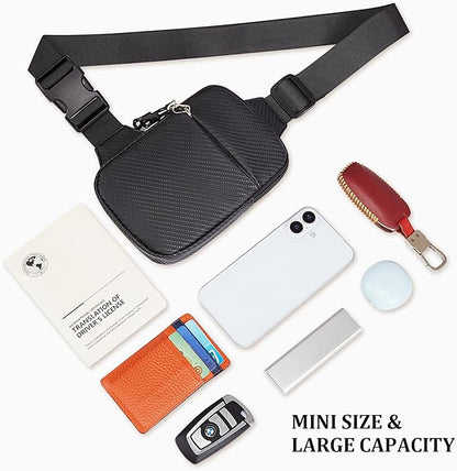 Mini Crossbody Sling Bag, PU Leather Chest Bag with 3 dimensional Woven Pattern, Dual Pocket Water Resistant Fanny Pack, Running Phone Holder for Men Women Workout Travelling(Black Carbon Fiber)