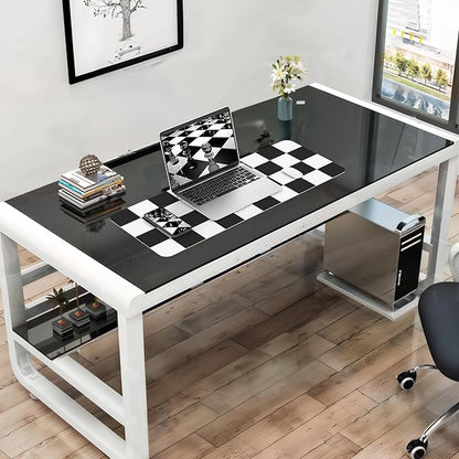 Non-Slip Checkered Desk Mat, Waterproof PU Leather Protector, Large Blotter, Easy Clean Laptop Writing Mat for Work/Home/Decor (31.5"x12", White Black)