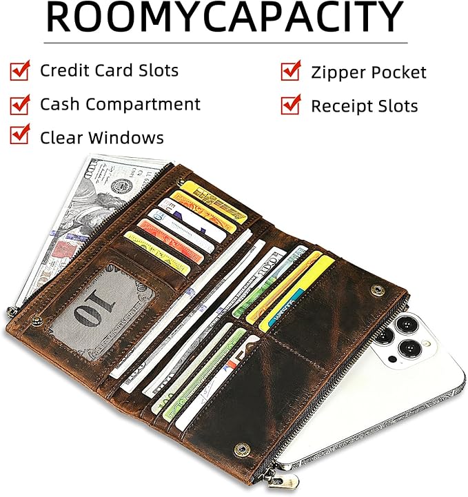 Genuine Crazy Horse Leather Travel Gift Coin Pocket Card Case Long Organizer Chain Rfid Wallet Purse With Snap For Men Male 1803 1815 (1803 Silver)