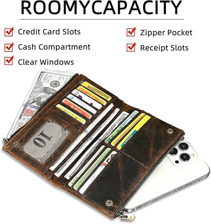 Genuine Crazy Horse Leather Travel Gift Coin Pocket Card Case Long Organizer Chain Rfid Wallet Purse With Snap For Men Male 1803 1815 (1803 Silver)
